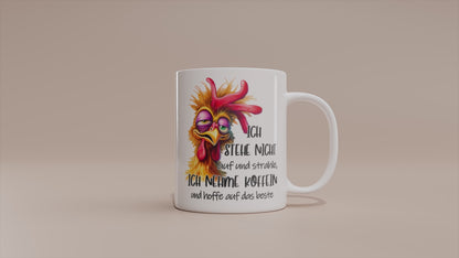 Video: Witzige Huhn Tasse mit dem Spruch „Ich stehe nicht auf und strahle, ich nehme Koffein“.