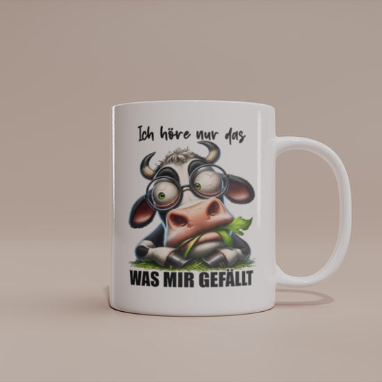 Video: Witzige Kuh Tasse mit dem Spruch „Ich höre nur das, was mir gefällt“.