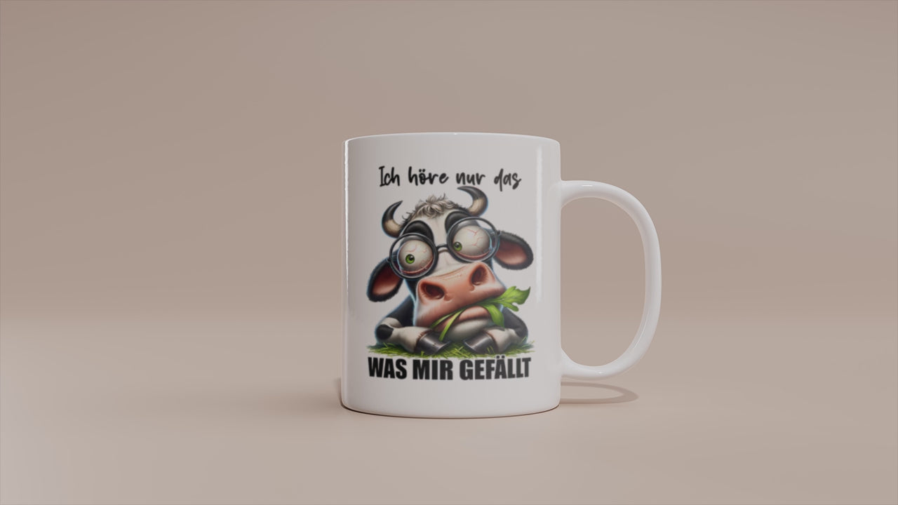 Video: Witzige Kuh Tasse mit dem Spruch „Ich höre nur das, was mir gefällt“.