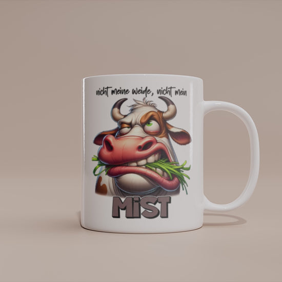 Video: Witzige Kuh Tasse mit dem Spruch „Nicht meine Weide, nicht mein Mist“.