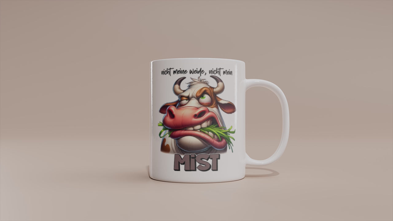 Video: Witzige Kuh Tasse mit dem Spruch „Nicht meine Weide, nicht mein Mist“.
