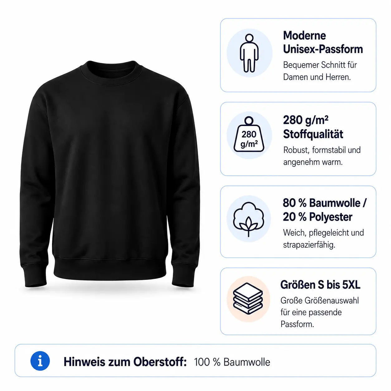 Unisex Pullover Material und Passform Übersicht – 280g robuster Sweatstoff