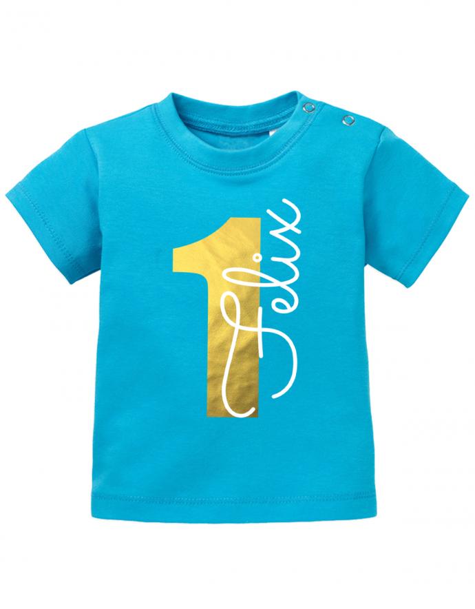 1-Gold-Name-erster-Geburtstag-baby-t-Shirt- Geburtstag T-Shirt mit goldener zahl und Wunschnamen- junge-mädchen-blau