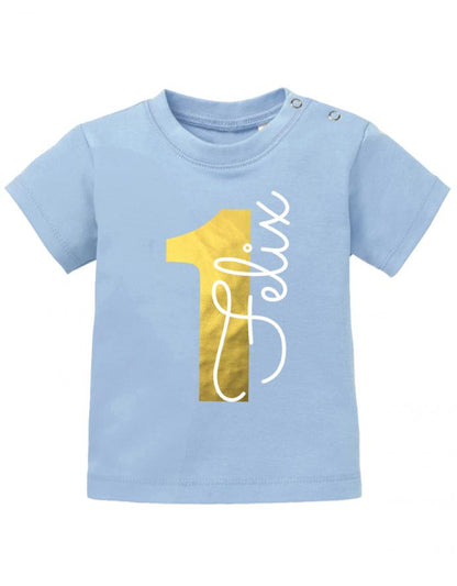 1-Gold-Name-erster-Geburtstag-baby-t-Shirt- Geburtstag T-Shirt mit goldener zahl und Wunschnamen- junge-mädchen-hellblau