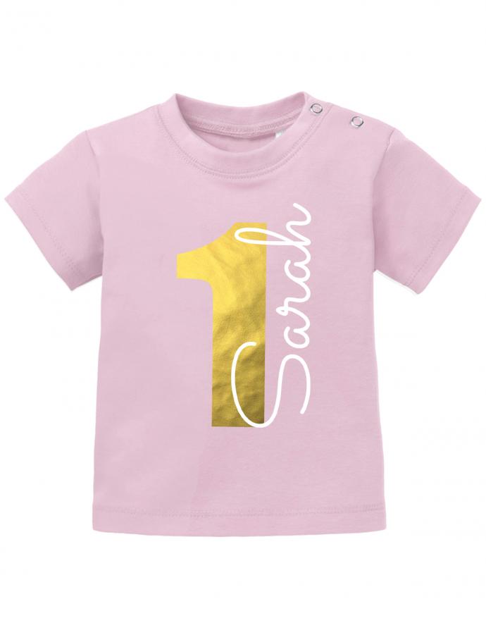1-Gold-Name-erster-Geburtstag-baby-t-Shirt- Geburtstag T-Shirt mit goldener zahl und Wunschnamen- junge-mädchen-rosa