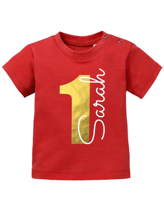 1-Gold-Name-erster-Geburtstag-baby-t-Shirt- Geburtstag T-Shirt mit goldener zahl und Wunschnamen- junge-mädchen-rot