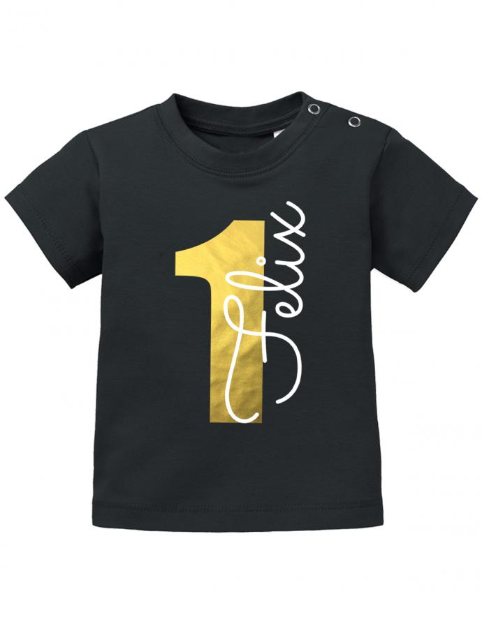 1-Gold-Name-erster-Geburtstag-baby-t-Shirt- Geburtstag T-Shirt mit goldener zahl und Wunschnamen- junge-mädchen-schwarz