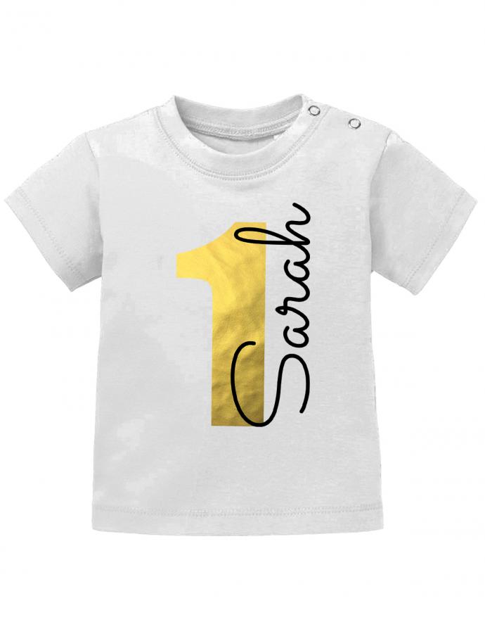 1-Gold-Name-erster-Geburtstag-baby-t-Shirt- Geburtstag T-Shirt mit goldener zahl und Wunschnamen- junge-mädchen-weiss
