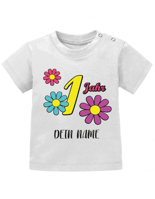 1-Jahr-Geburtstag-Bl-mchen-Wunschname-Baby-T-Shirt-Weiss