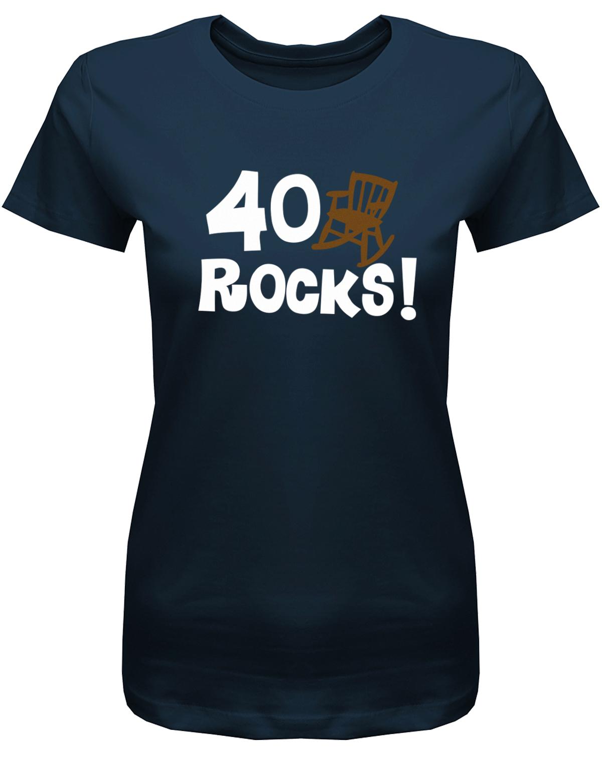 Lustiges T-Shirt zum 40. Geburtstag für die Frau Bedruckt mit 40 rocks Schaukelstuhl. Navy