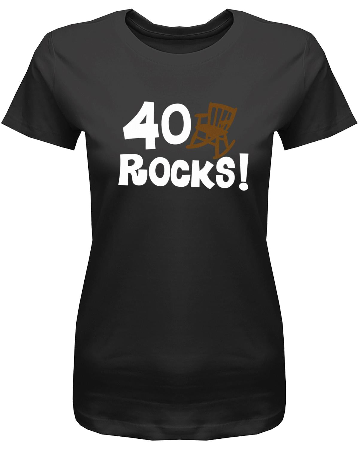 Lustiges T-Shirt zum 40. Geburtstag für die Frau Bedruckt mit 40 rocks Schaukelstuhl. Schwarz