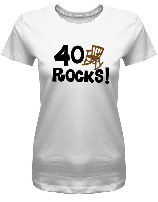 Lustiges T-Shirt zum 40. Geburtstag für die Frau Bedruckt mit 40 rocks Schaukelstuhl. Weiss