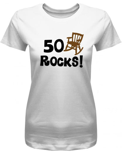 Lustiges T-Shirt zum 50. Geburtstag für die Frau Bedruckt mit 50 Rocks Schaukelstuhl. Weiss