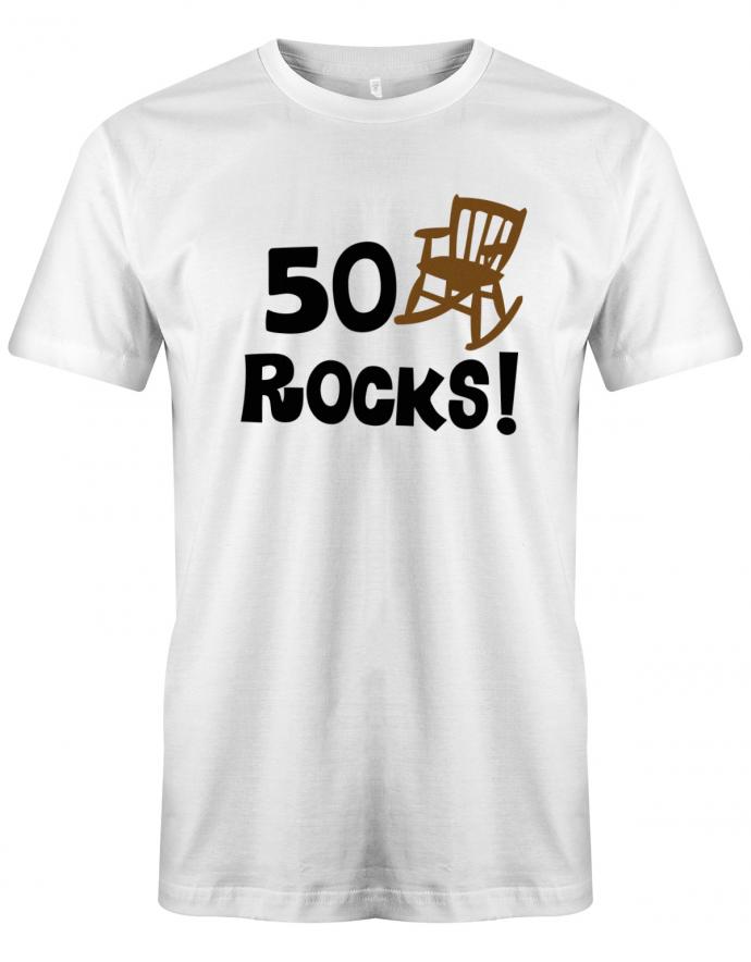 Lustiges T-Shirt zum 50. Geburtstag für den Mann Bedruckt mit 50 Rocks! 50 rockt Schaukelstuhl. Weiss