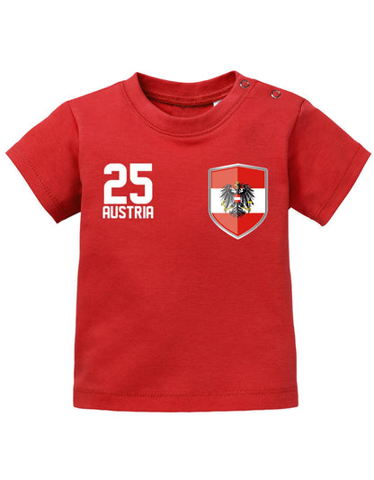Österreich T Shirt für Junge und Mädchen. Austria Wappen am Herzen Wunschnummer wie beim Fußball Trikot. Rot