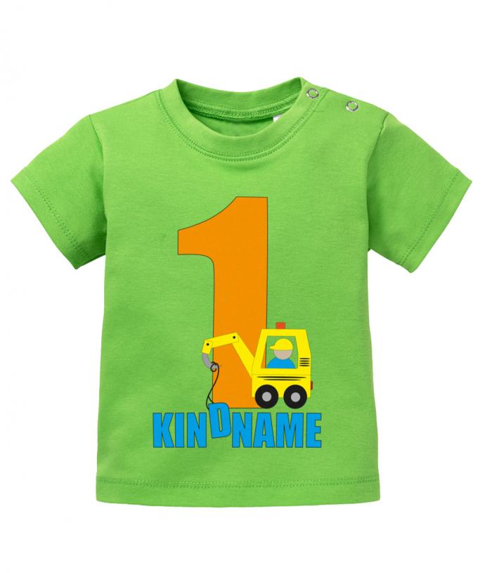 geburtstag shirt mit bagger und wunschnamen bedruckt- baby shirt bagger 1 jahr alt grün