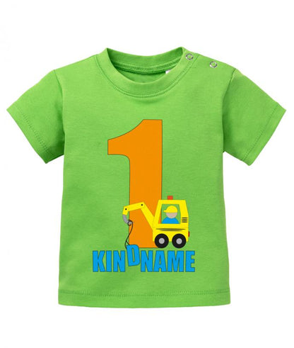geburtstag shirt mit bagger und wunschnamen bedruckt- baby shirt bagger 1 jahr alt grün