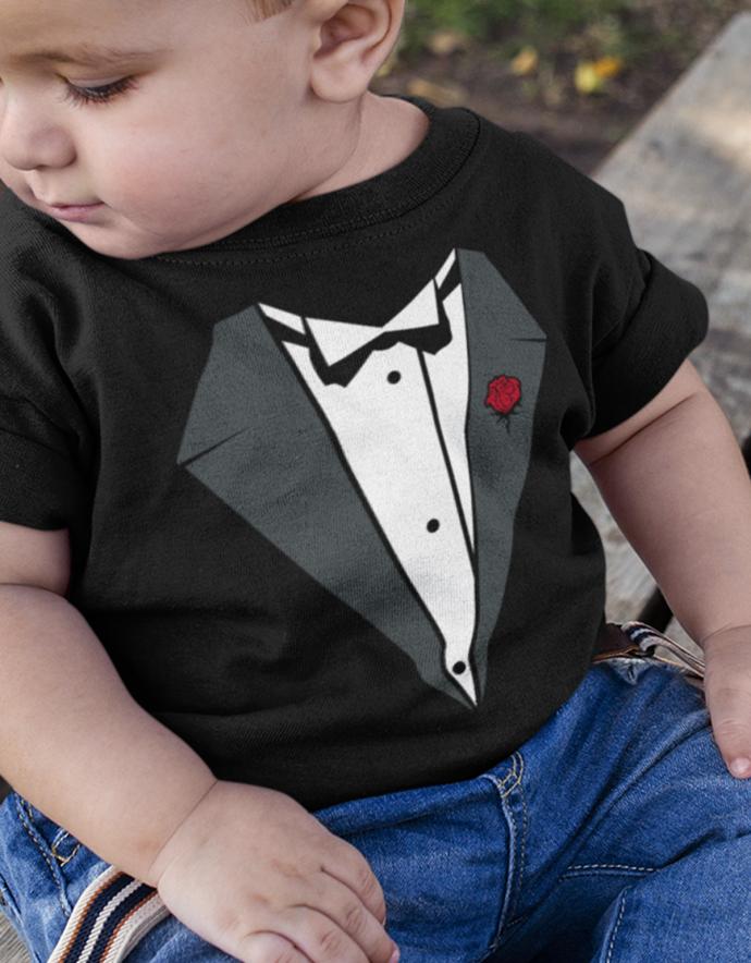 Schickes Elegantes Baby Shirt Don Vito Smoking mit Fliege und Rose 