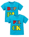 Zwillings Sprüche Baby Shirt Doppelpack in bunten Buchstaben Blau