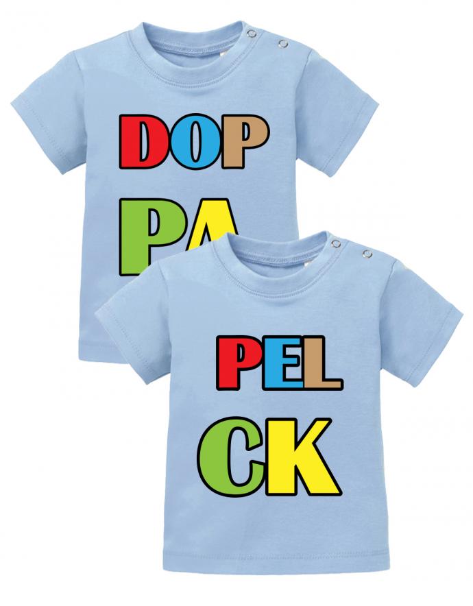 Zwillings Sprüche Baby Shirt Doppelpack in bunten Buchstaben hellblau