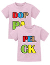 Zwillings Sprüche Baby Shirt Doppelpack in bunten Buchstaben Rosa
