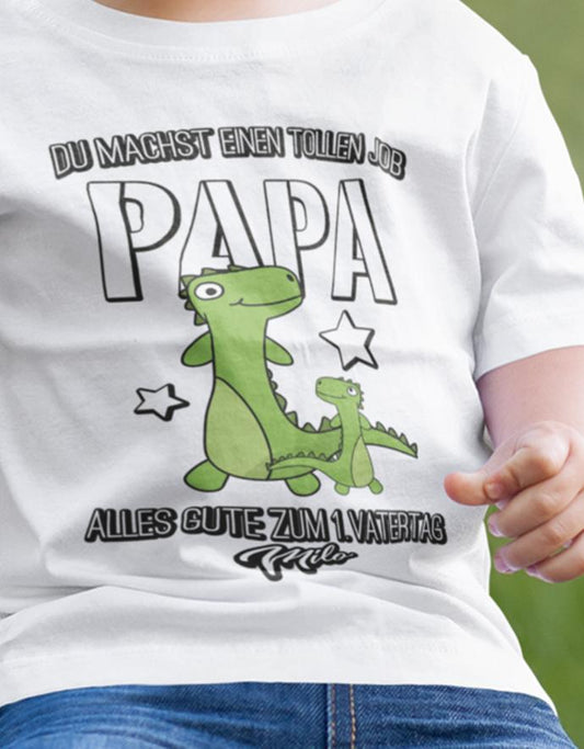 Süßes 1. Vatertagsgeschenk Baby Shirt. Du machst einen tollen Job Papa mit großen und kleinen Dinosaurier. Alles Gute zum 1. Vatertag, personalisiert mit Name.