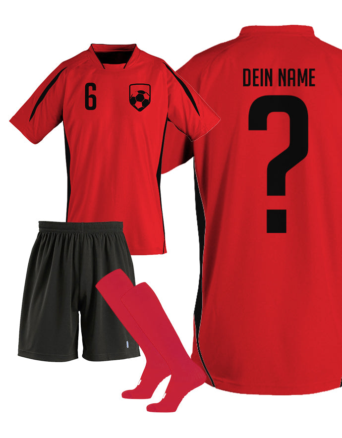 Fußball Trikot Set - Rot Schwarz Rot - Fußball Wappen Mit Name und Nummer