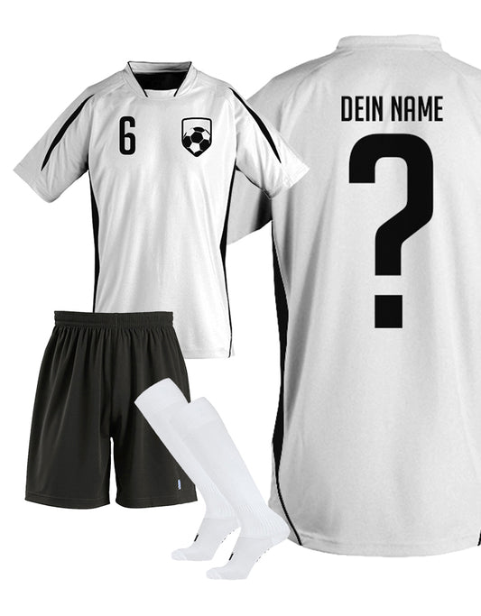 Fußball Trikot Set - Weiß Schwarz Weiß - Fußball Wappen Mit Name und Nummer