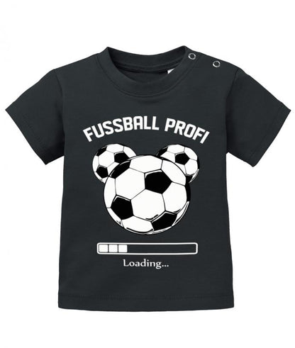 Lustiges Sprüche Baby Shirt Fußball Profi Loading mit 3 Fußbällen und Ladebalken.  Schwarz