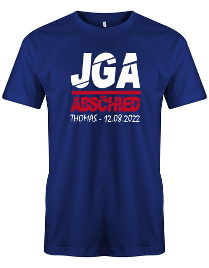 JGA-Abschied-mit-Name-und-Datum-Herren-Shirt-Royalblau