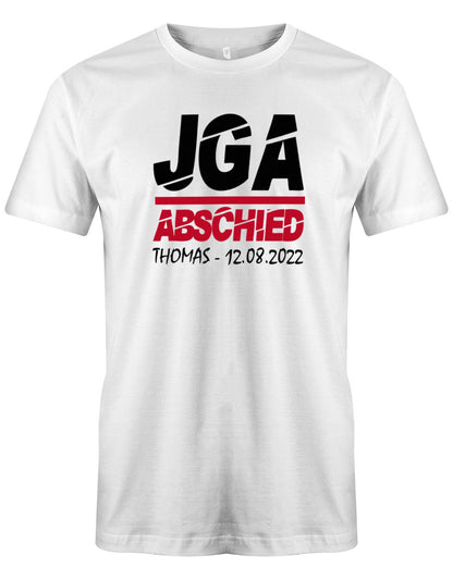 JGA-Abschied-mit-Name-und-Datum-Herren-Shirt-Weiss