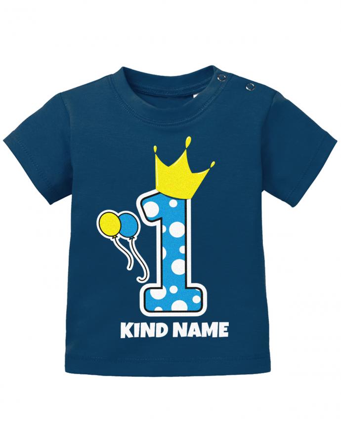 Krone-1-Blau-Wunschname-Erster-Geburtstag-Baby-Shirt-Navy