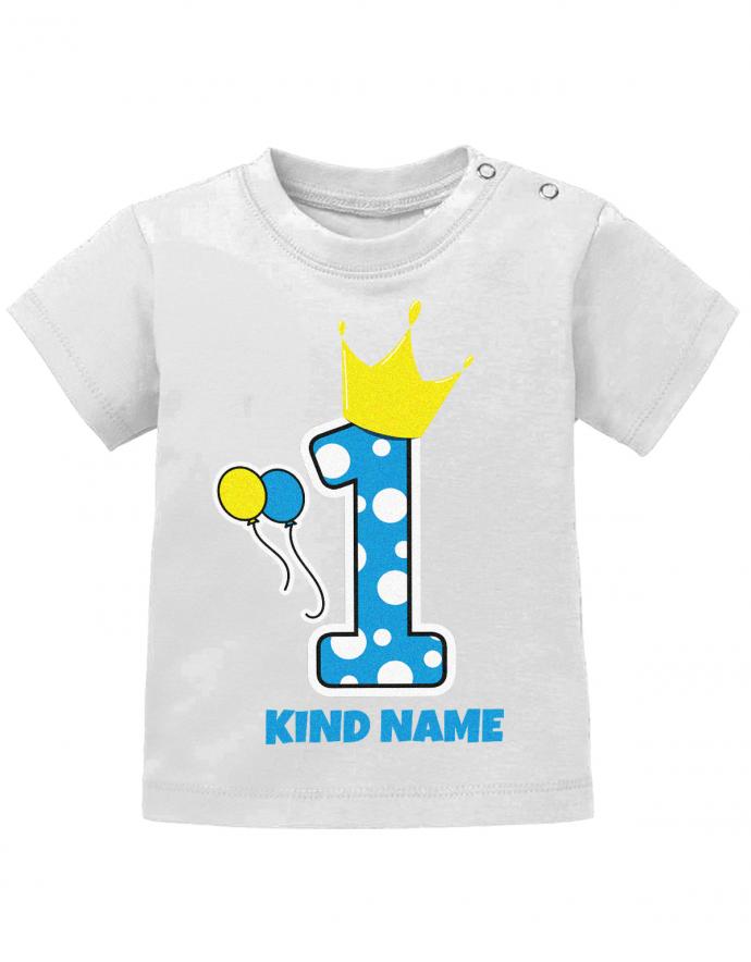 Krone-1-Blau-Wunschname-Erster-Geburtstag-Baby-Shirt-Weiss