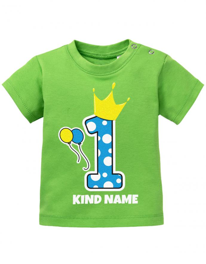 Krone-1-Blau-Wunschname-Erster-Geburtstag-Baby-Shirt-gruen