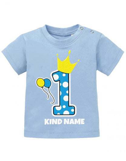 Krone-1-Blau-Wunschname-Erster-Geburtstag-Baby-Shirt-hellblau