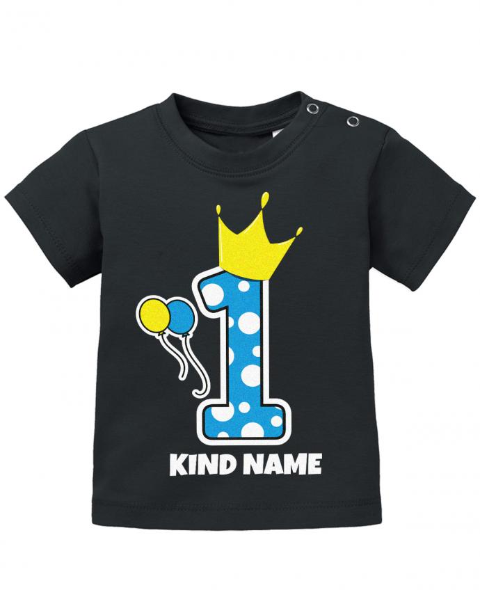 Krone-1-Blau-Wunschname-Erster-Geburtstag-Baby-Shirt-schwarz