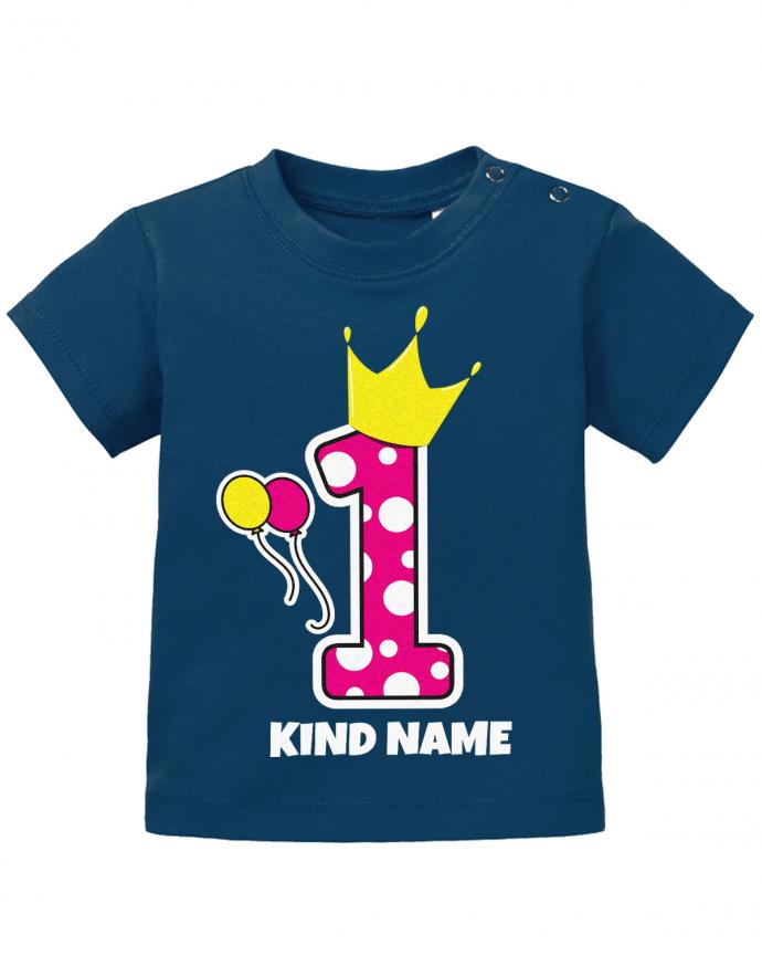 Krone-1-Pink-Wunschname-Erster-Geburtstag-Baby-Shirt-Navy