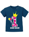 Krone-1-Pink-Wunschname-Erster-Geburtstag-Baby-Shirt-Navy