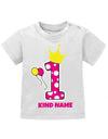 Krone-1-Pink-Wunschname-Erster-Geburtstag-Baby-Shirt-Weiss