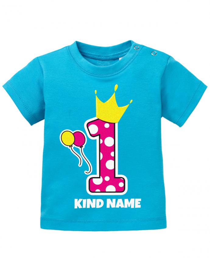 Krone-1-Pink-Wunschname-Erster-Geburtstag-Baby-Shirt-blau