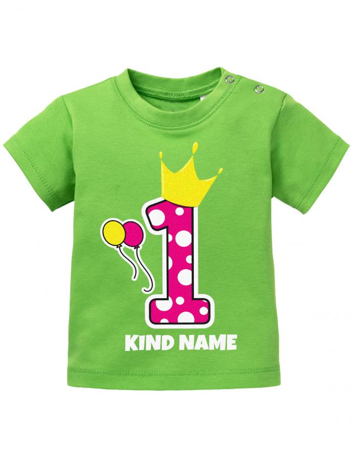 Krone-1-Pink-Wunschname-Erster-Geburtstag-Baby-Shirt-gruen