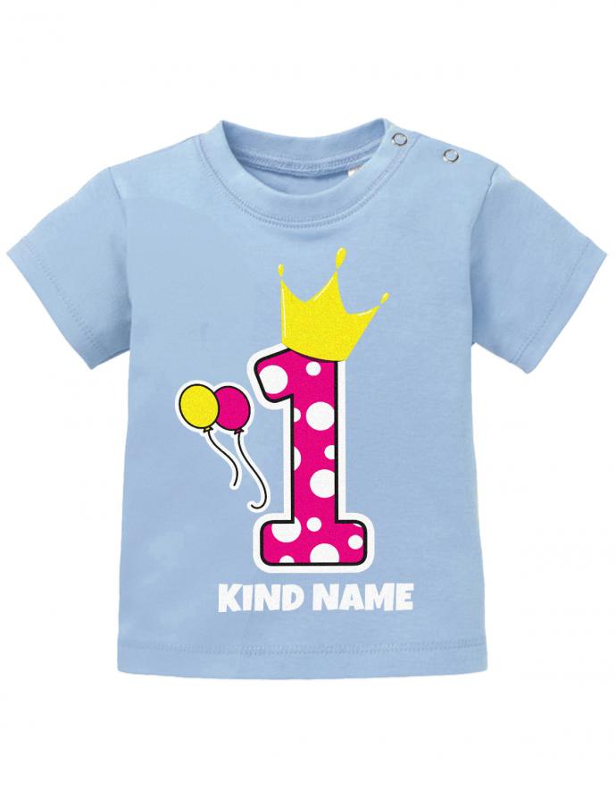 Krone-1-Pink-Wunschname-Erster-Geburtstag-Baby-Shirt-hellblau