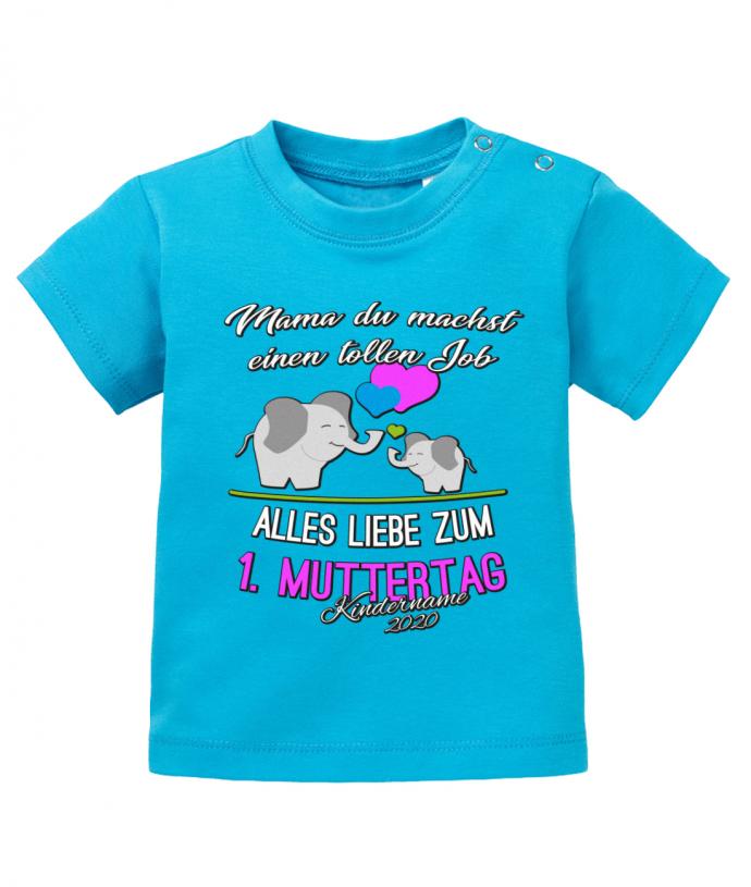Süßes 1. Muttertagsgeschenk Baby Shirt. Du machst einen tollen Job Mama mit großen und kleinen süßen Elefanten und Herzchen. Alles Gute zum 1. Muttertag, personalisiert mit Name. Blauu