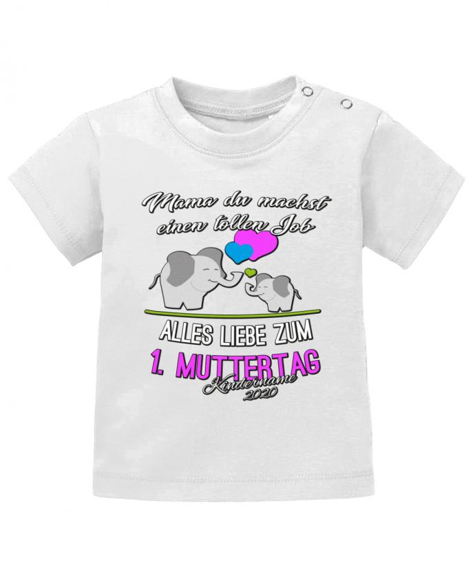 Süßes 1. Muttertagsgeschenk Baby Shirt. Du machst einen tollen Job Mama mit großen und kleinen süßen Elefanten und Herzchen. Alles Gute zum 1. Muttertag, personalisiert mit Name. Weiss
