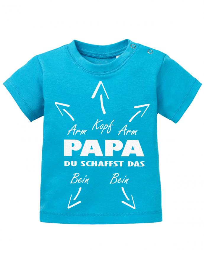 Lustiges süßes Papa Hilfe Baby Shirt Papa du schaffst das mit Pfeilen werden Arme Beine und Kopf markiert. Blau