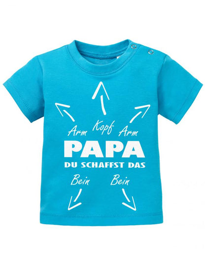 Lustiges süßes Papa Hilfe Baby Shirt Papa du schaffst das mit Pfeilen werden Arme Beine und Kopf markiert. Blau