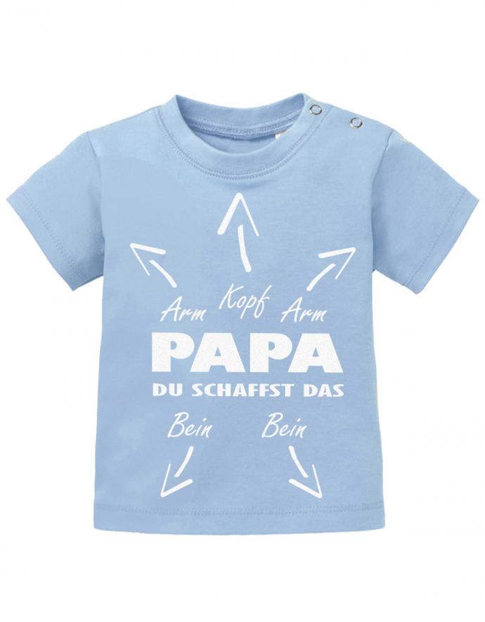 Lustiges süßes Papa Hilfe Baby Shirt Papa du schaffst das mit Pfeilen werden Arme Beine und Kopf markiert. Hellblau