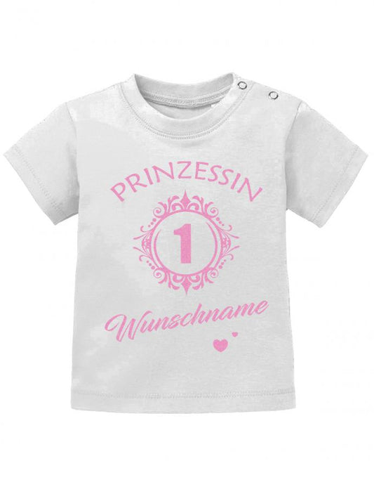 Prinzessin-1-Geburtstag-Wunschname-Baby-T-Shirt-Weiss