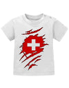 Schweiz T Shirt für Junge und Mädchen. Schweizer Flagge Design aufgerissen, damit man sieht, dass ein Schweizer im Shirt steckt.