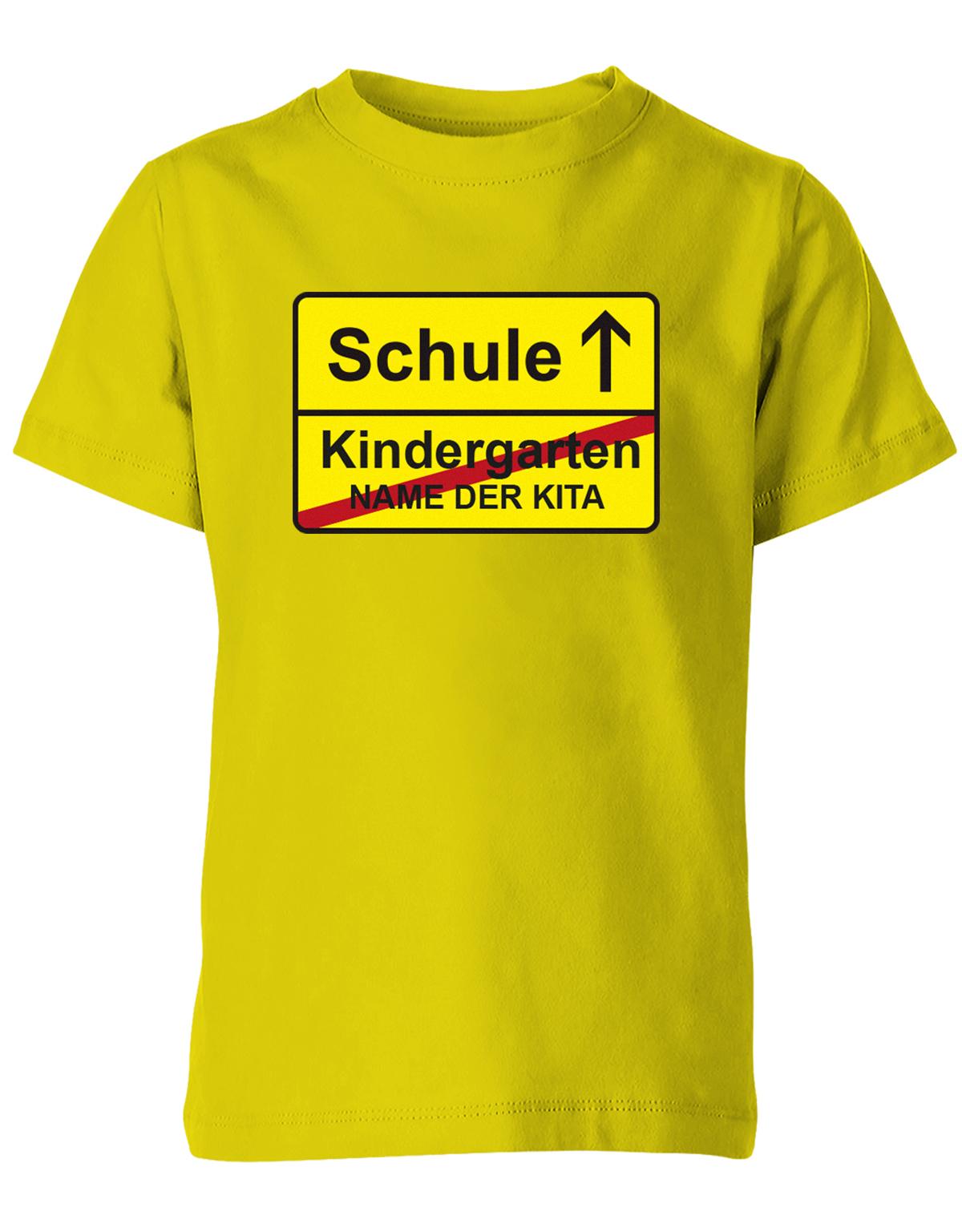 Schule-Kindergarten-ortsschild-Name-der-Kita-Kinder-Shirt-Gelb
